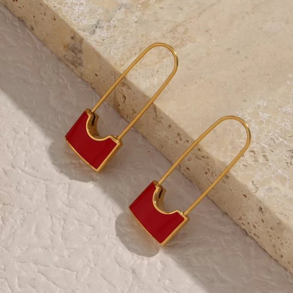 Red Safety Pin Lock‎ Drop Dangle Earrings 18K Gold Plated Stainless Steel - Picture 4 of 10